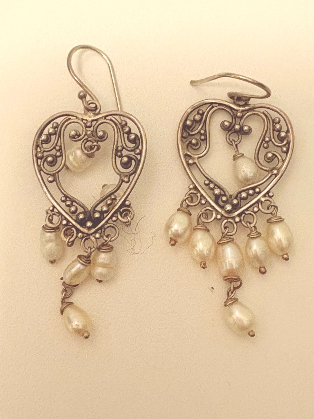 Sterling silver stamped 925  Heart Filigree Pearl Dangle Earrings - Cream